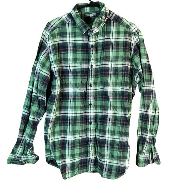 Uniqlo Mens Shirt Green White Plaid Flannel Button Down 100% Cotton XLarge - Picture 1 of 13